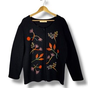Norm Thompson 100% Wool Embroidered Cardigan, Black, Size XL